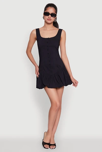 Button Front Mini Bubble Hem Dress