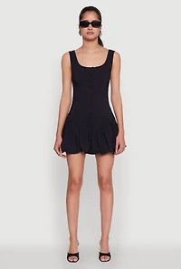 Womens Button Front Mini Bubble Hem Dress,