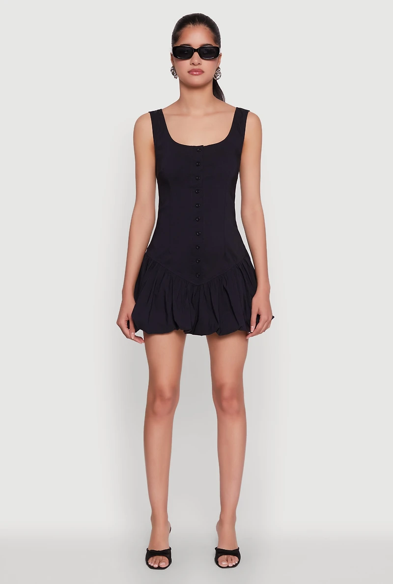 Womens Button Front Mini Bubble Hem Dress, Black, Size S