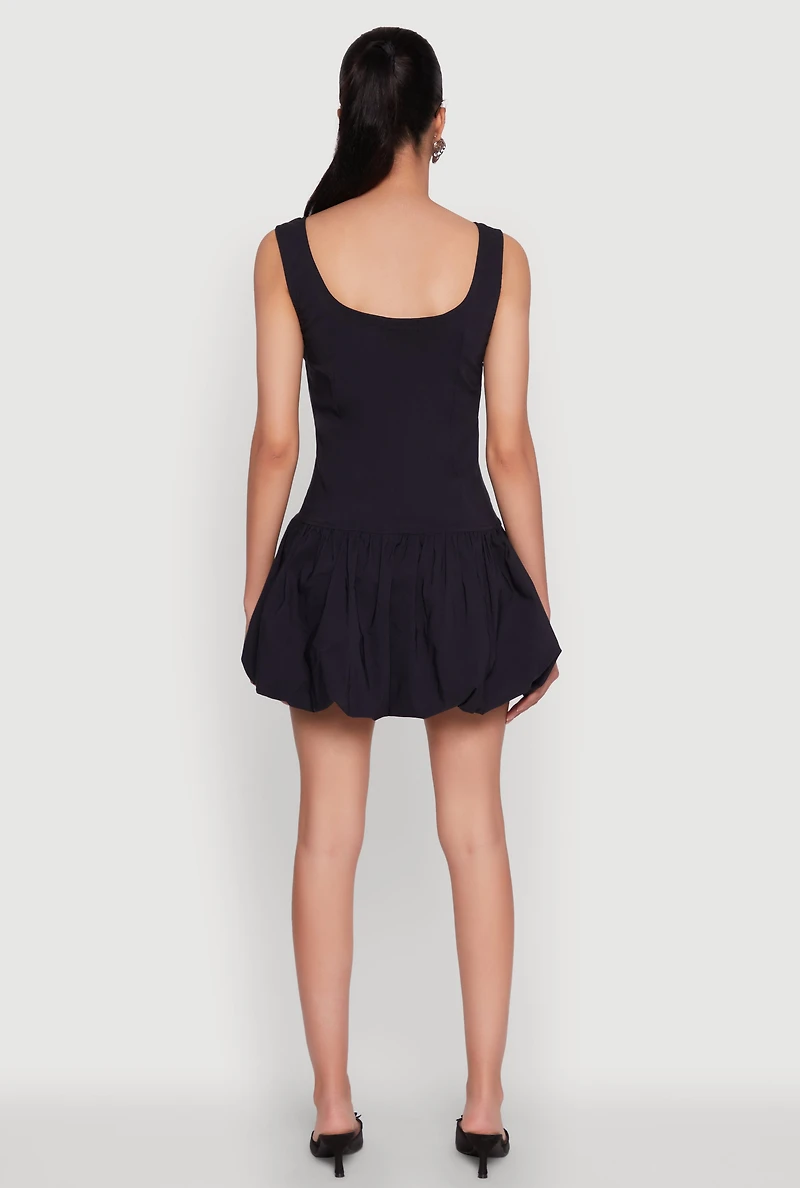 Womens Button Front Mini Bubble Hem Dress, Black, Size S