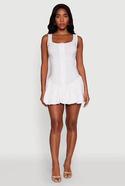 Womens Button Front Mini Bubble Hem Dress, White, Size M