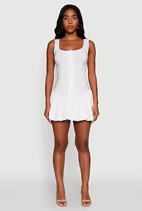 Womens Button Front Mini Bubble Hem Dress, White, Size M