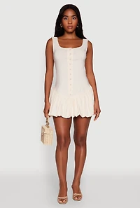 Womens Button Front Mini Bubble Hem Dress,