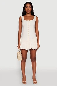 Womens Button Front Mini Bubble Hem Dress,