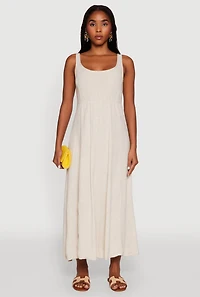Womens Linen Smocked Back Tank Dress, Beige, Size L