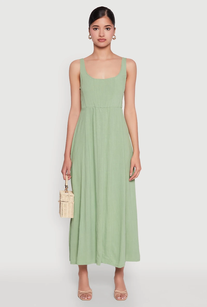 Womens Linen Smocked Back Tank Dress, Green, Size M