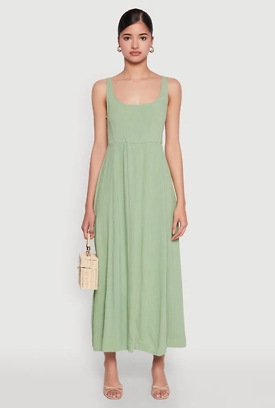 Womens Linen Smocked Back Tank Dress, Green, Size S