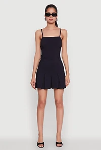 Womens Square Neck Pleated Skater Dress, Black, Size M