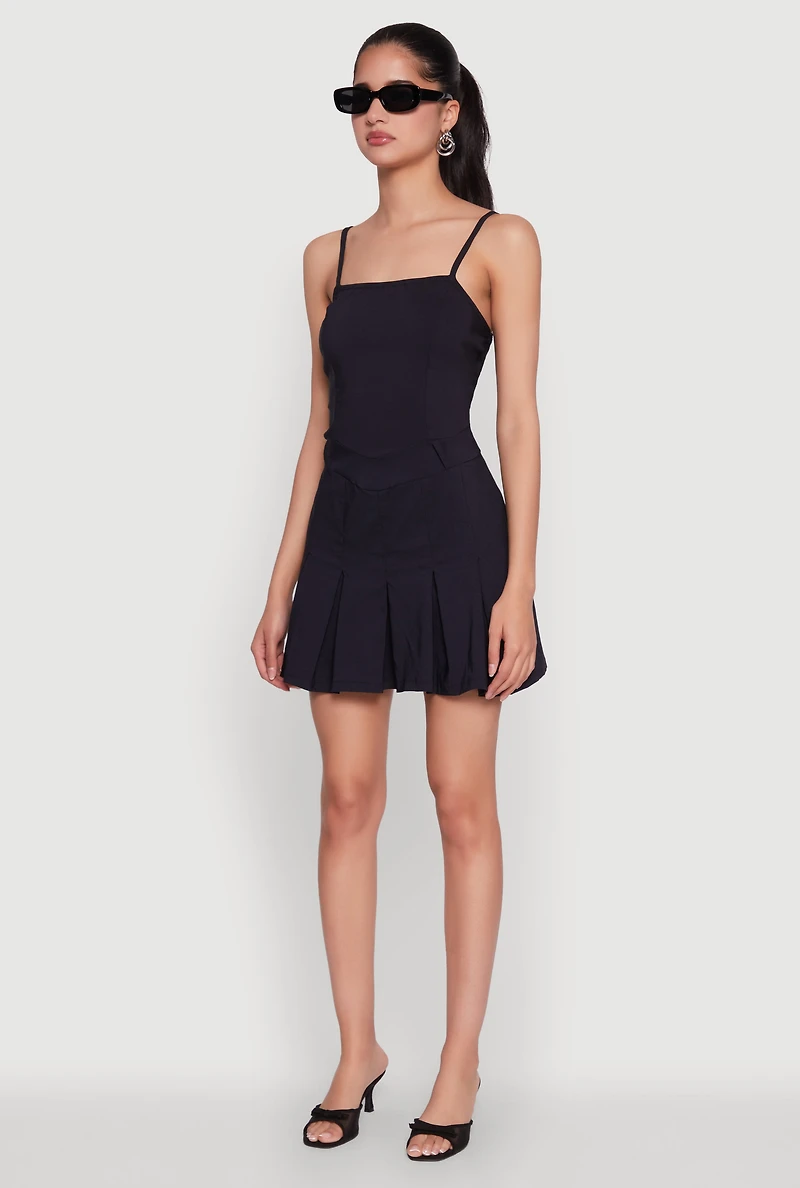 Womens Square Neck Pleated Skater Dress,