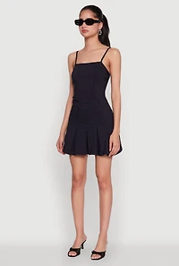 Womens Square Neck Pleated Skater Dress, Black, Size L