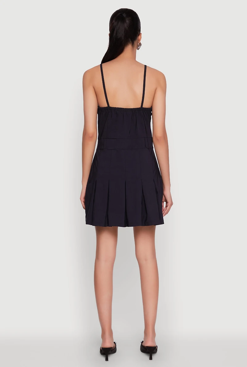 Womens Square Neck Pleated Skater Dress, Black, Size L