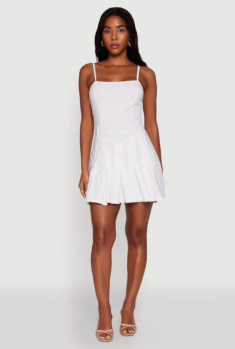 Womens Square Neck Pleated Skater Dress, White, Size M