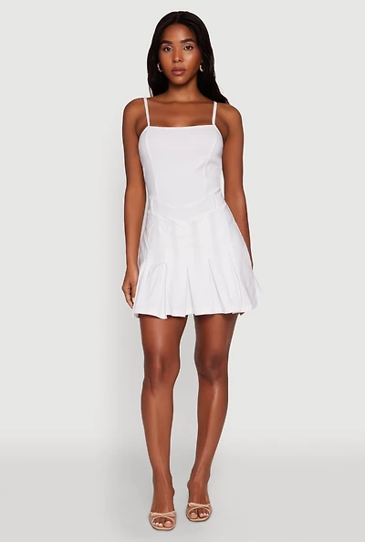 Womens Square Neck Pleated Skater Dress, White, Size M