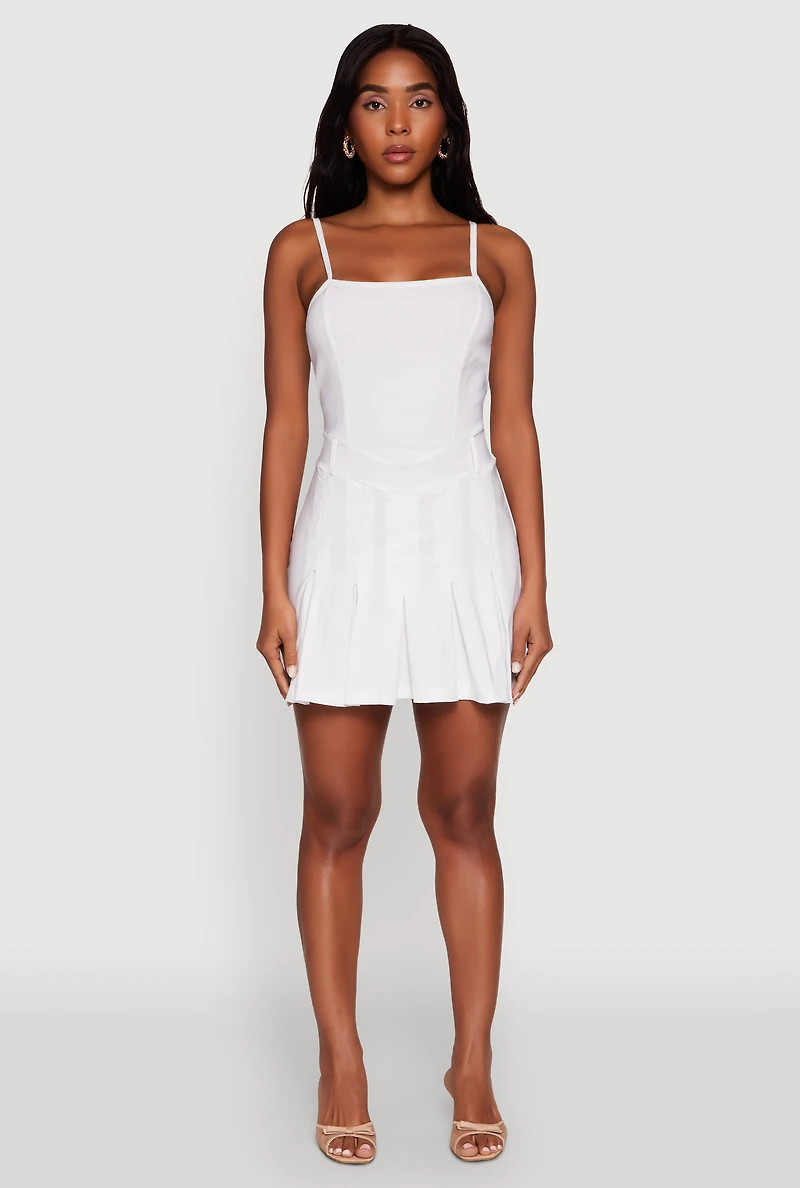 Womens Square Neck Pleated Skater Dress, White,
