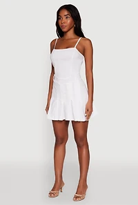 Womens Square Neck Pleated Skater Dress, White, Size S