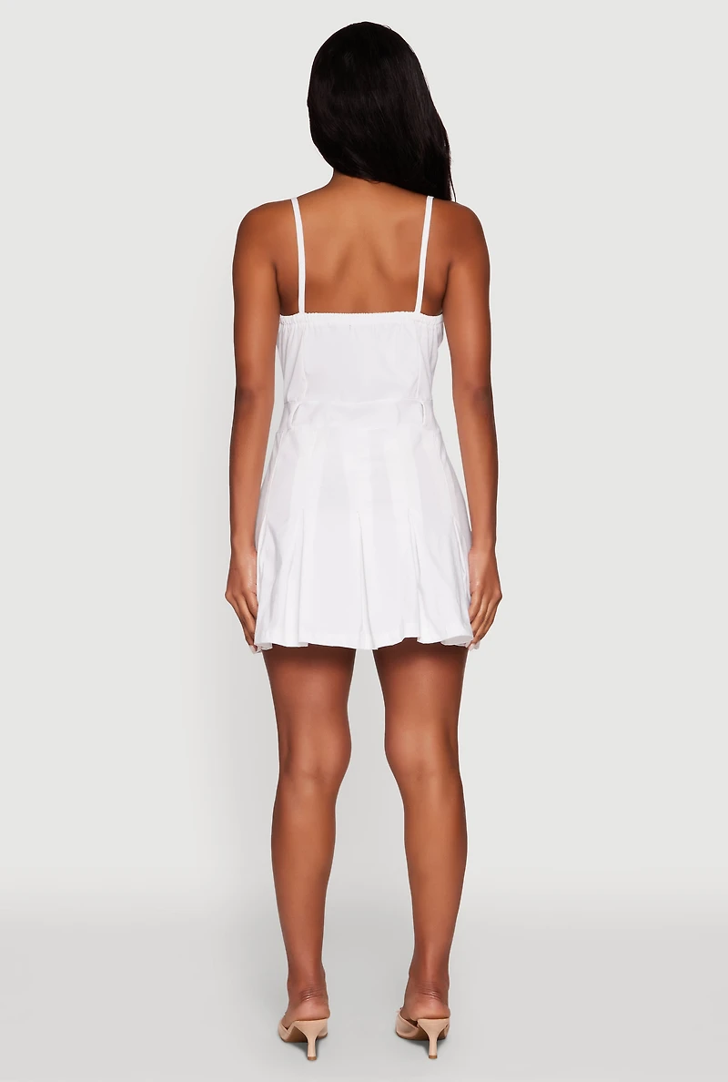 Womens Square Neck Pleated Skater Dress, White,