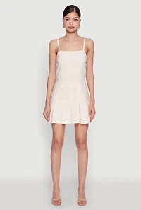 Womens Square Neck Pleated Skater Dress, Beige, Size L