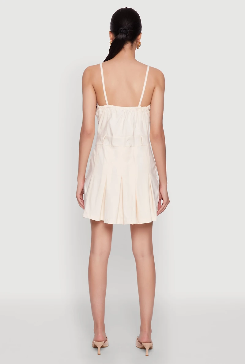 Womens Square Neck Pleated Skater Dress, Beige, Size XL