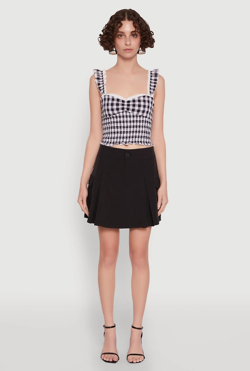 Womens Trendy High Waisted Pleated Skort with Cargo Pockets, Black, Size XL
