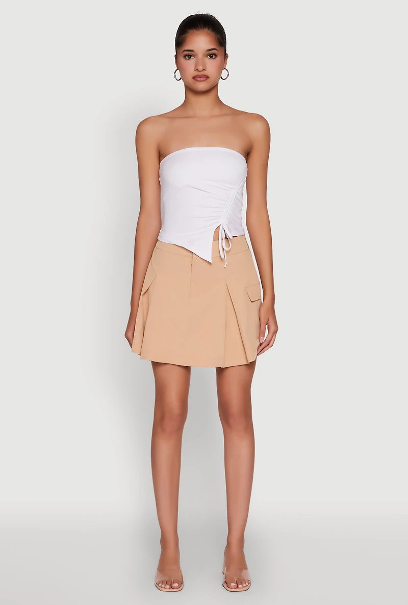 Womens Trendy High Waisted Pleated Skort with Cargo Pockets, Khaki, Size M