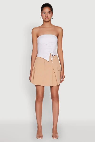 Womens Trendy High Waisted Pleated Skort with Cargo Pockets, Khaki, Size M