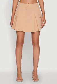 Womens Trendy High Waisted Pleated Skort with Cargo Pockets, Khaki, Size M