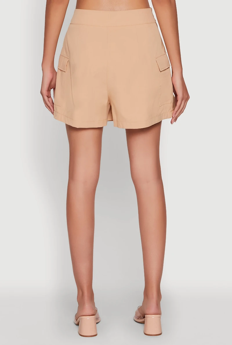 Womens Trendy High Waisted Pleated Skort with Cargo Pockets, Khaki, Size M