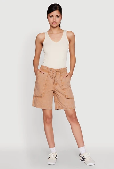 Womens Poplin Drawstring Bermuda Shorts, Khaki, Size XL