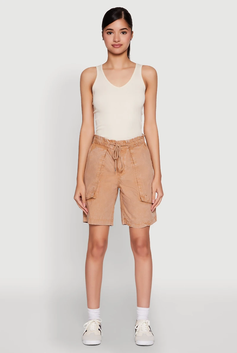 Womens Poplin Drawstring Bermuda Shorts, Khaki, Size XL