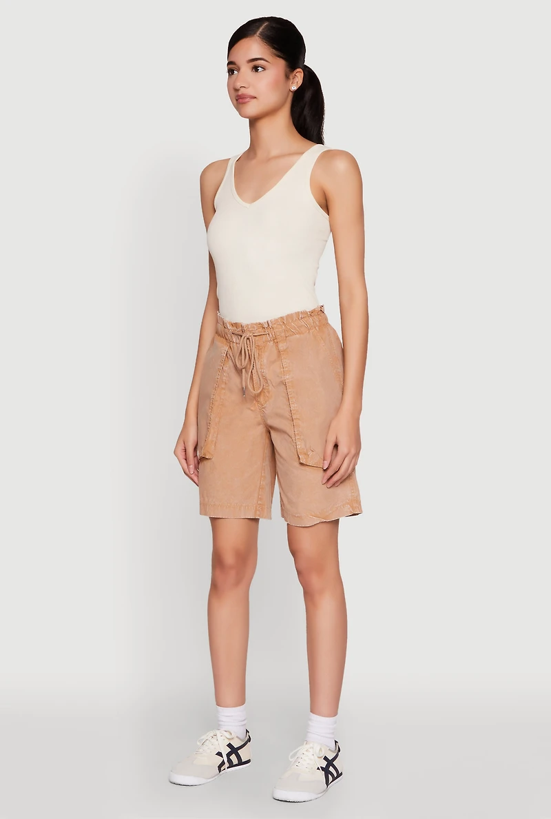 Womens Poplin Drawstring Bermuda Shorts, Khaki, Size XL