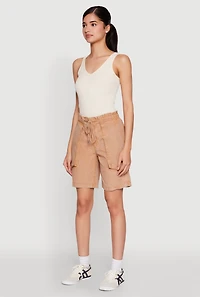 Womens Poplin Drawstring Bermuda Shorts, Khaki, Size XL