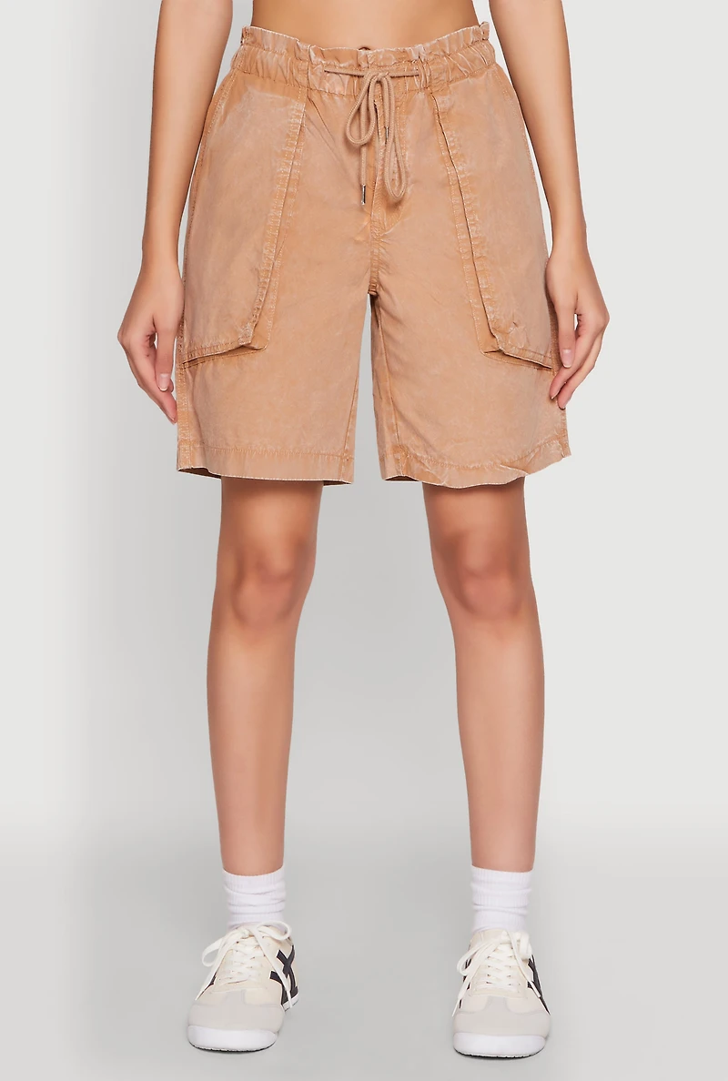 Womens Poplin Drawstring Bermuda Shorts, Khaki, Size XL