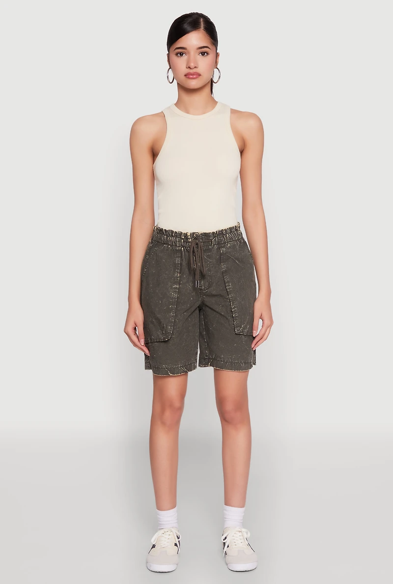 Womens Poplin Drawstring Bermuda Shorts, Green,