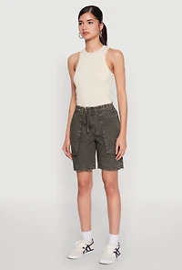 Womens Poplin Drawstring Bermuda Shorts, Green,