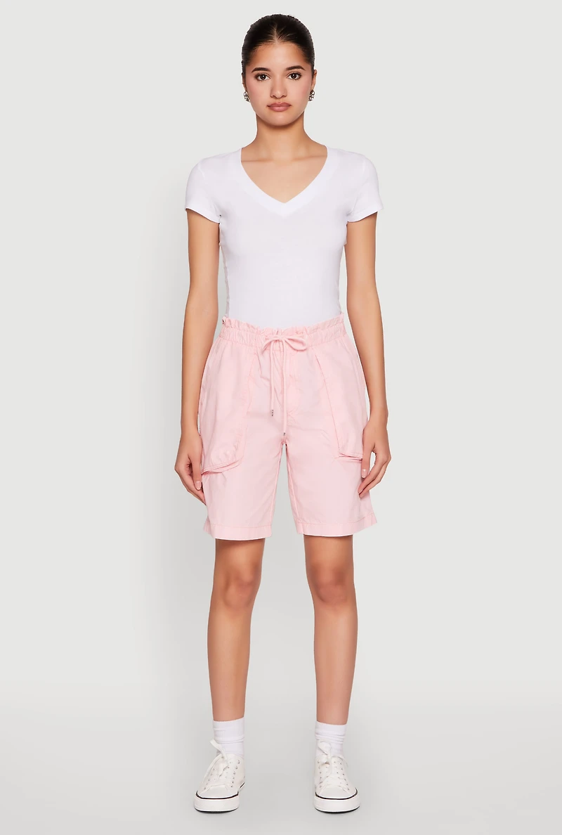 Womens Poplin Drawstring Bermuda Shorts, Pink, Size M