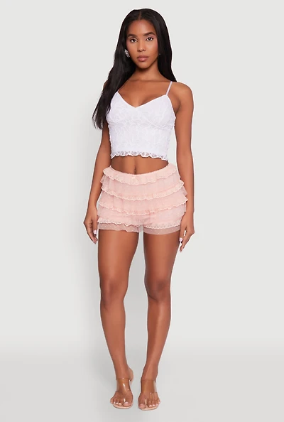 Womens Iris Tiered Lace High Waisted Mesh Shorts, Pink, Size L