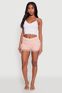 Womens Iris Tiered Lace High Waisted Mesh Shorts, Pink, Size L