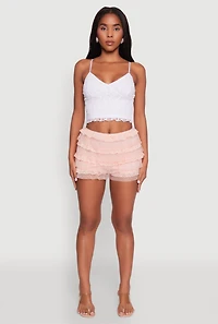 Womens Iris Tiered Lace High Waisted Mesh Shorts, Pink, Size L