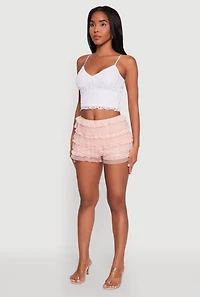 Womens Iris Tiered Lace High Waisted Mesh Shorts, Pink, Size L