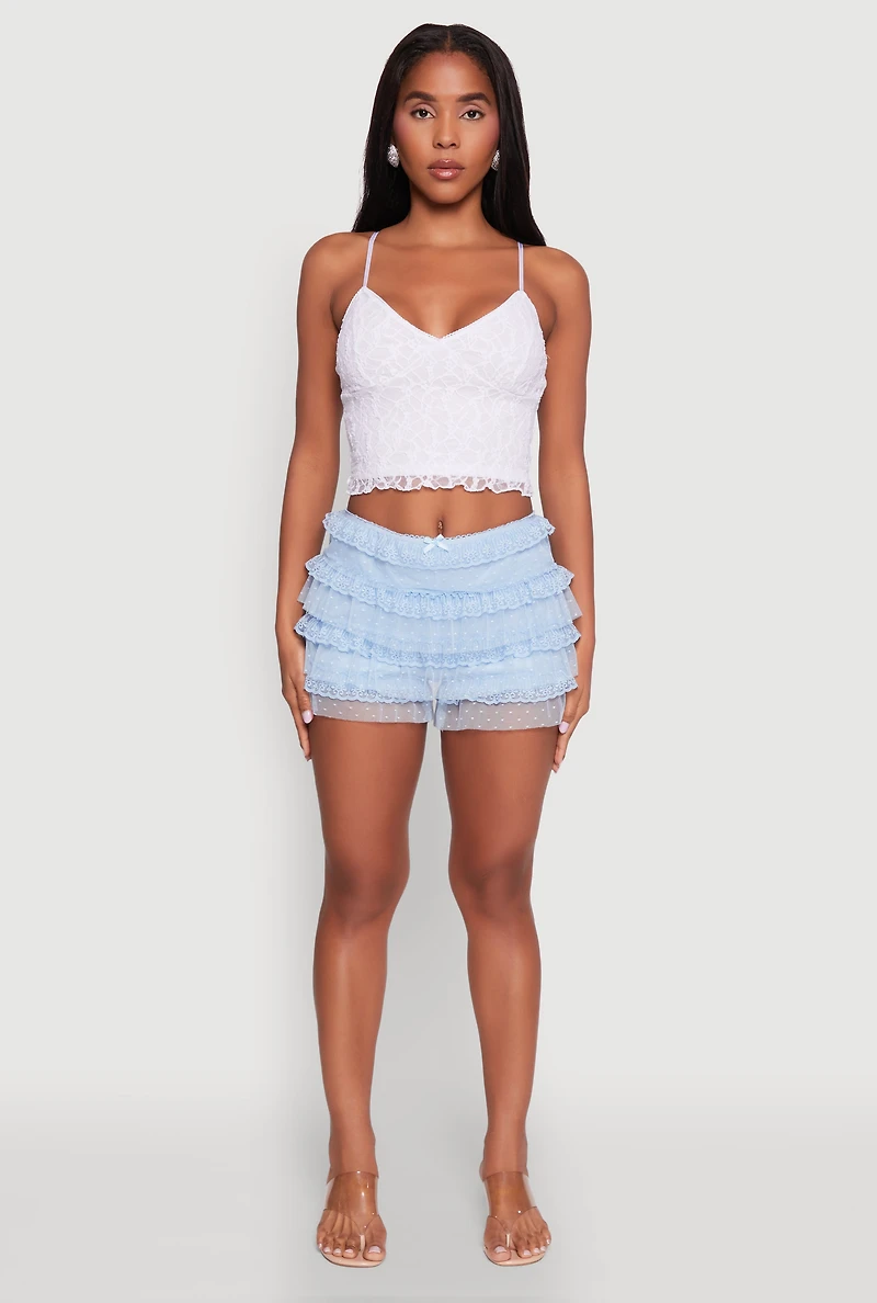 Womens Iris Tiered Lace High Waisted Mesh Shorts, Blue, Size L