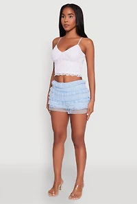 Womens Iris Tiered Lace High Waisted Mesh Shorts, Blue, Size L