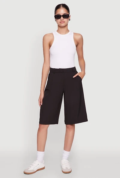 Womens High Waisted Crepe Knit Tailored Bermuda Shorts,