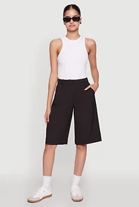 Womens High Waisted Crepe Knit Tailored Bermuda Shorts,