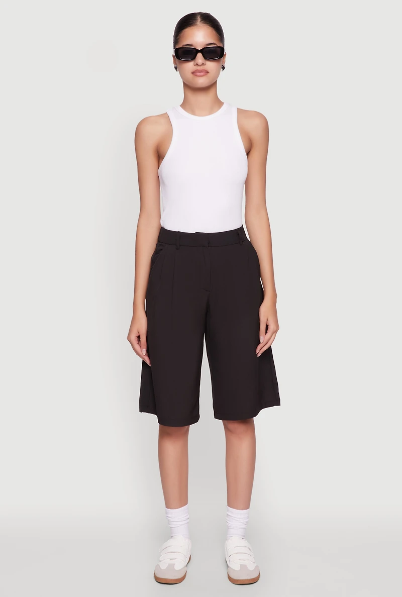 Womens High Waisted Crepe Knit Tailored Bermuda Shorts, Black, Size M