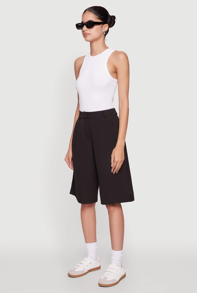 Womens High Waisted Crepe Knit Tailored Bermuda Shorts, Black, Size S