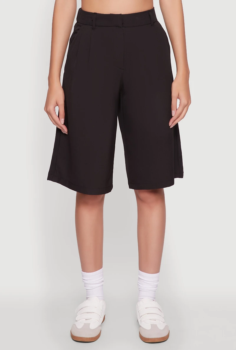 Womens High Waisted Crepe Knit Tailored Bermuda Shorts, Black, Size M