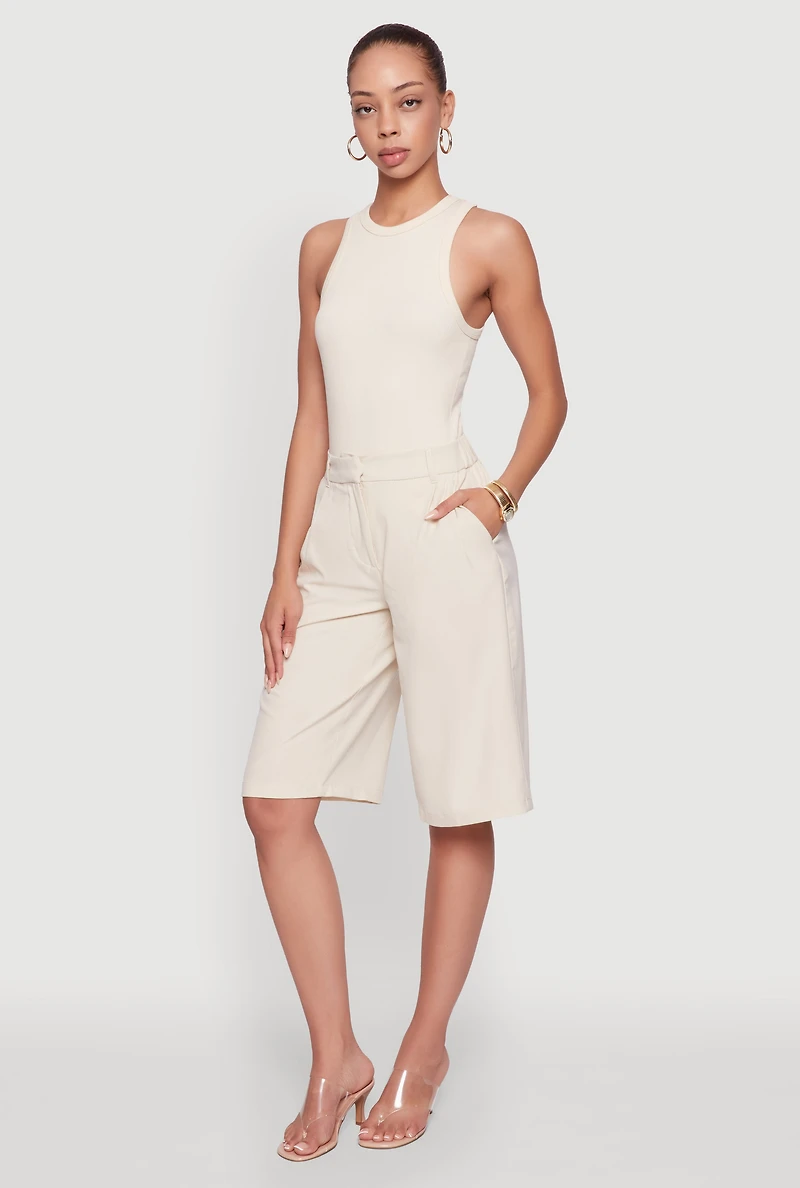 Womens High Waisted Crepe Knit Tailored Bermuda Shorts, Khaki, Size L