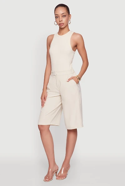 Womens High Waisted Crepe Knit Tailored Bermuda Shorts, Khaki, Size L