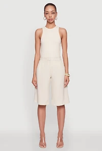 Womens High Waisted Crepe Knit Tailored Bermuda Shorts, Khaki, Size L