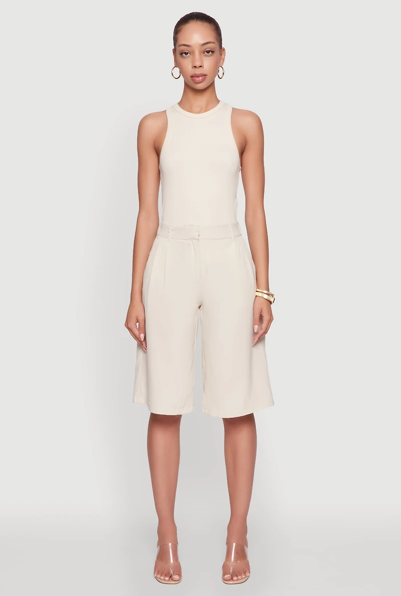 Womens High Waisted Crepe Knit Tailored Bermuda Shorts, Khaki, Size M